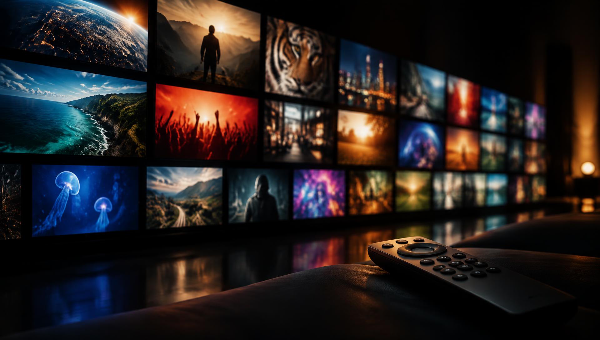 A wall of televisions showing colourful programmes